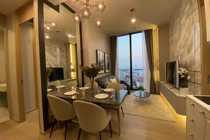 A semi-furnished unit with two bedroom and two bathroom features unblocked views of sukhumvit.
