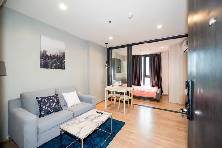 ห้องนอน1 ห้องนั่งเล่น-ครัวแบบเปิด ชั้น9 The Base Garden Rama 9