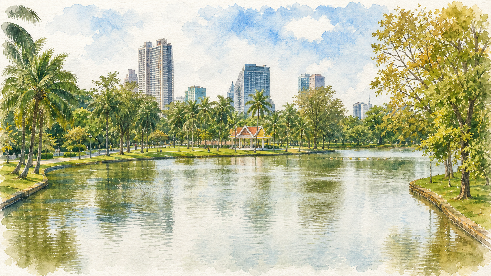 Lake and skyline in Chatuchak Park in Bangkok