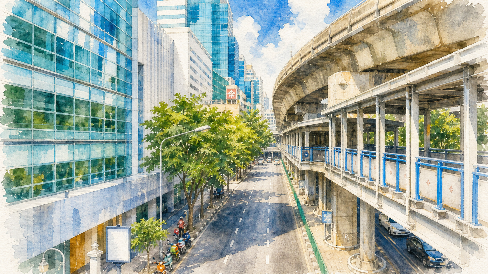 Silom Road with the BTS line and skywalk in Bangkok